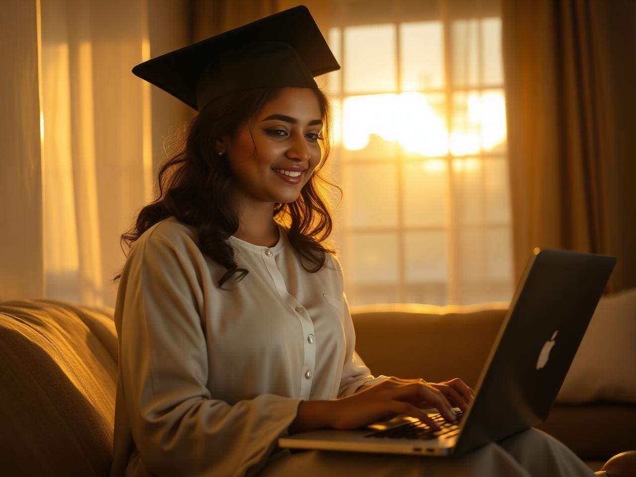 A graduate working on her laptop at sunset