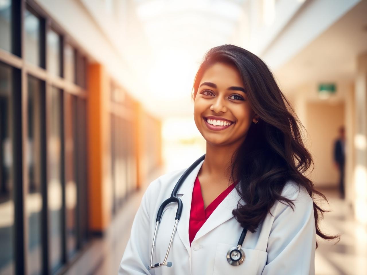 A smiling MBBS student in a university hallway